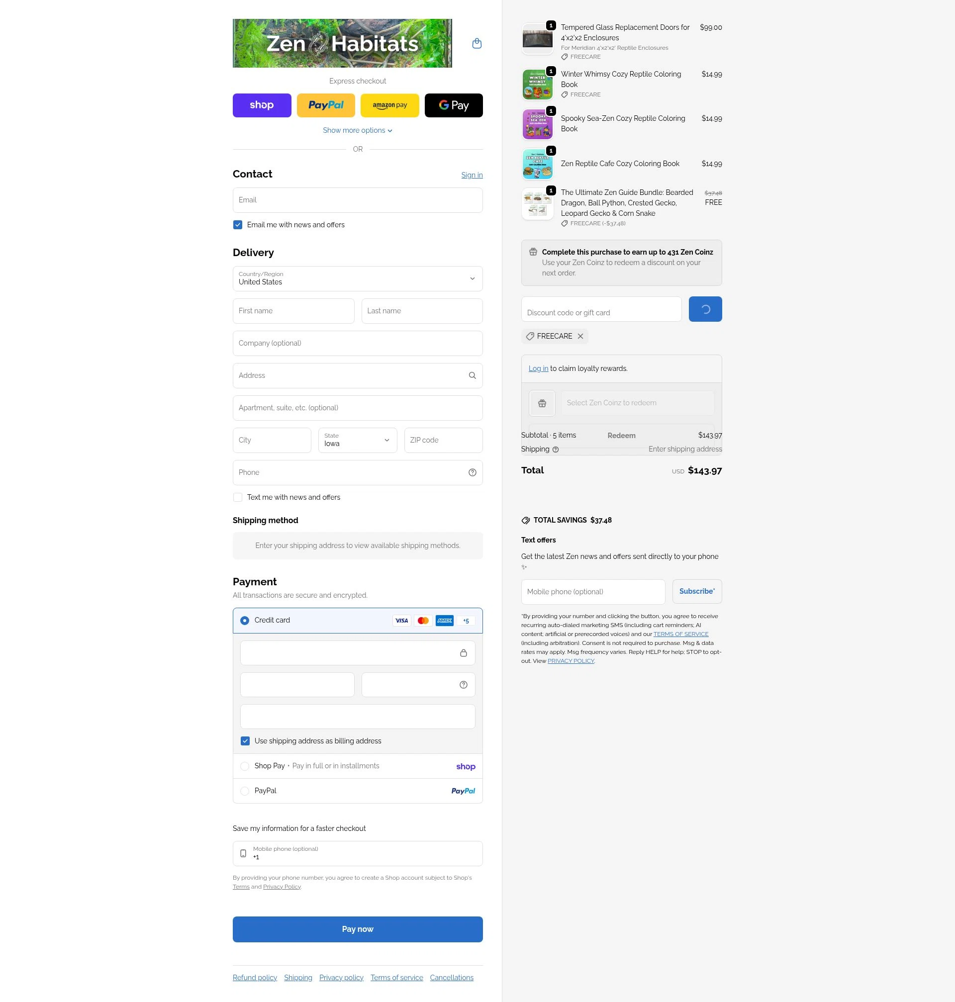 Zen Habitats checkout page showing Zen Habitats discount code box | Screenshot taken by SimplyCodes community member on Feb 4, 2026