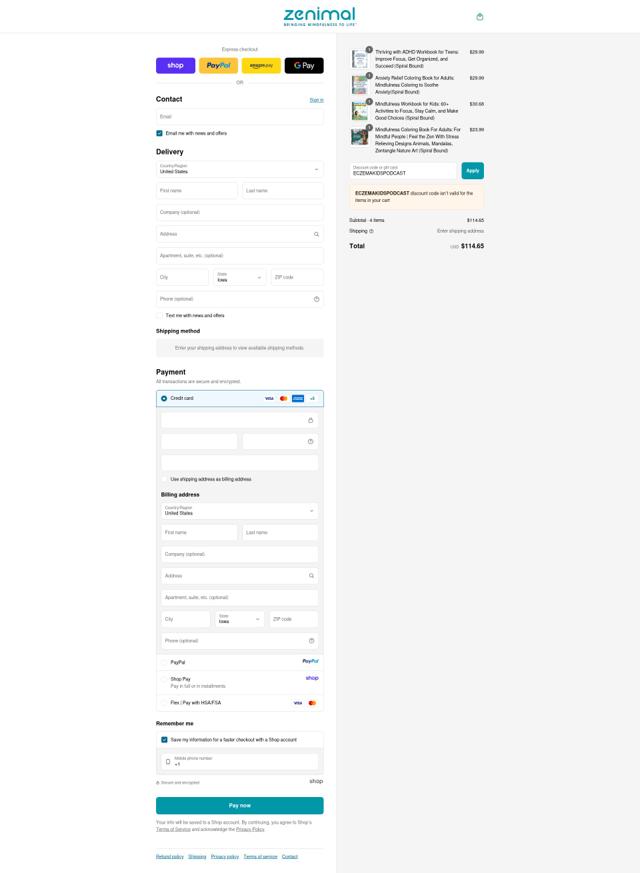 Zenimals checkout page showing Zenimals promo code box | Screenshot taken by SimplyCodes community member on Sep 10, 2025