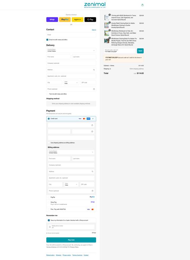 Zenimals checkout page showing Zenimals promo code box | Screenshot taken by SimplyCodes community member on Sep 10, 2025