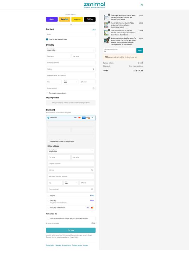 Zenimals checkout page showing Zenimals promo code box | Screenshot taken by SimplyCodes community member on Sep 7, 2025