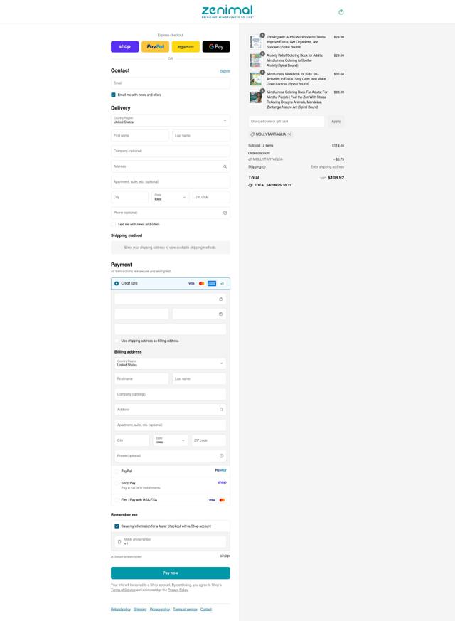 Zenimals checkout page showing Zenimals promo code box | Screenshot taken by SimplyCodes community member on Sep 10, 2025