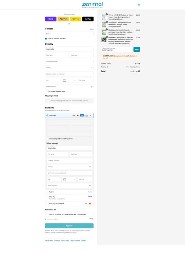 Zenimals checkout page showing Zenimals promo code box | Screenshot taken by SimplyCodes community member on Sep 7, 2025