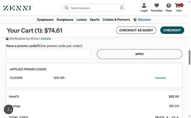 Zenni Optical checkout page showing Zenni Optical promo code box | Screenshot taken by SimplyCodes community member on Aug 29, 2025