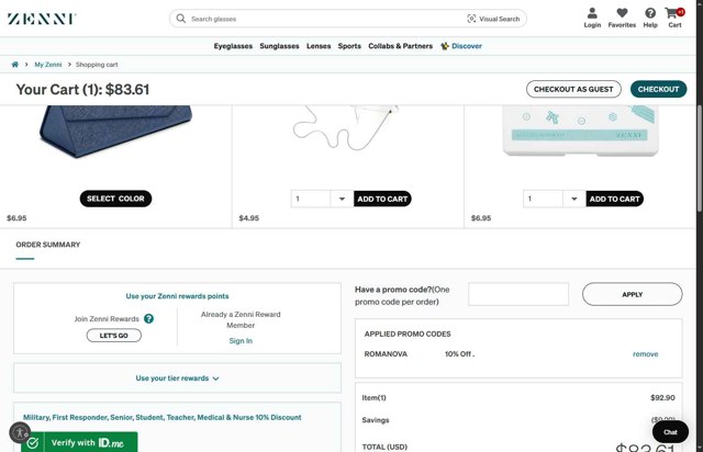 Zenni Optical checkout page showing Zenni Optical promo code box | Screenshot taken by SimplyCodes community member on Aug 28, 2025
