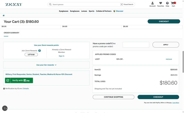 Zenni Optical checkout page showing Zenni Optical promo code box | Screenshot taken by SimplyCodes community member on Aug 28, 2025