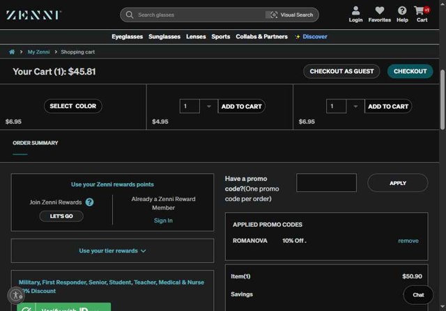 Zenni Optical checkout page showing Zenni Optical promo code box | Screenshot taken by SimplyCodes community member on Aug 28, 2025
