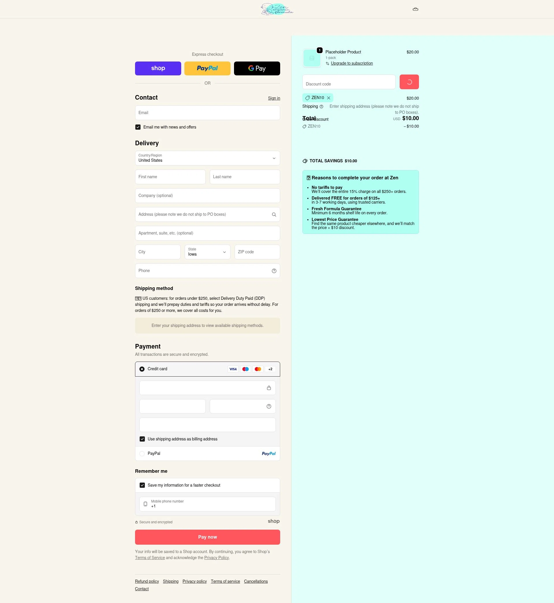 Zen Organic Formula checkout page showing Zen Organic Formula discount code box | Screenshot taken by SimplyCodes community member on Jan 13, 2026