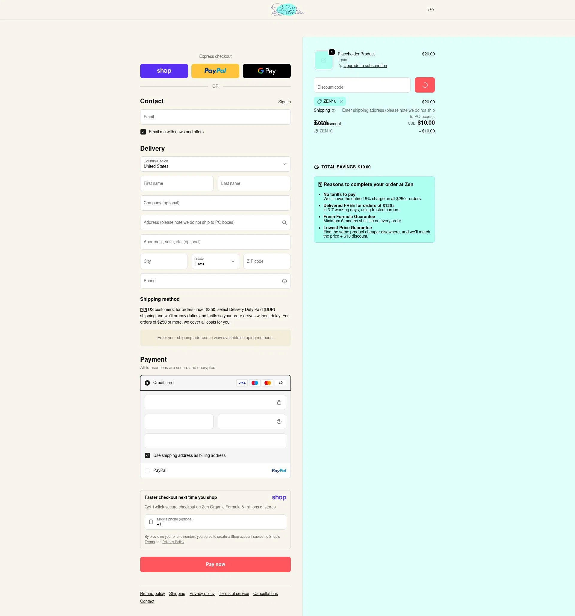 Zen Organic Formula checkout page showing Zen Organic Formula discount code box | Screenshot taken by SimplyCodes community member on Jan 8, 2026