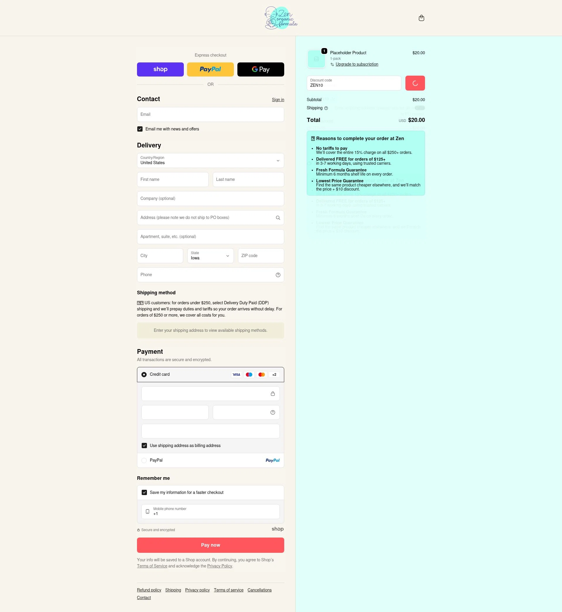 Zen Organic Formula checkout page showing Zen Organic Formula discount code box | Screenshot taken by SimplyCodes community member on Jan 3, 2026