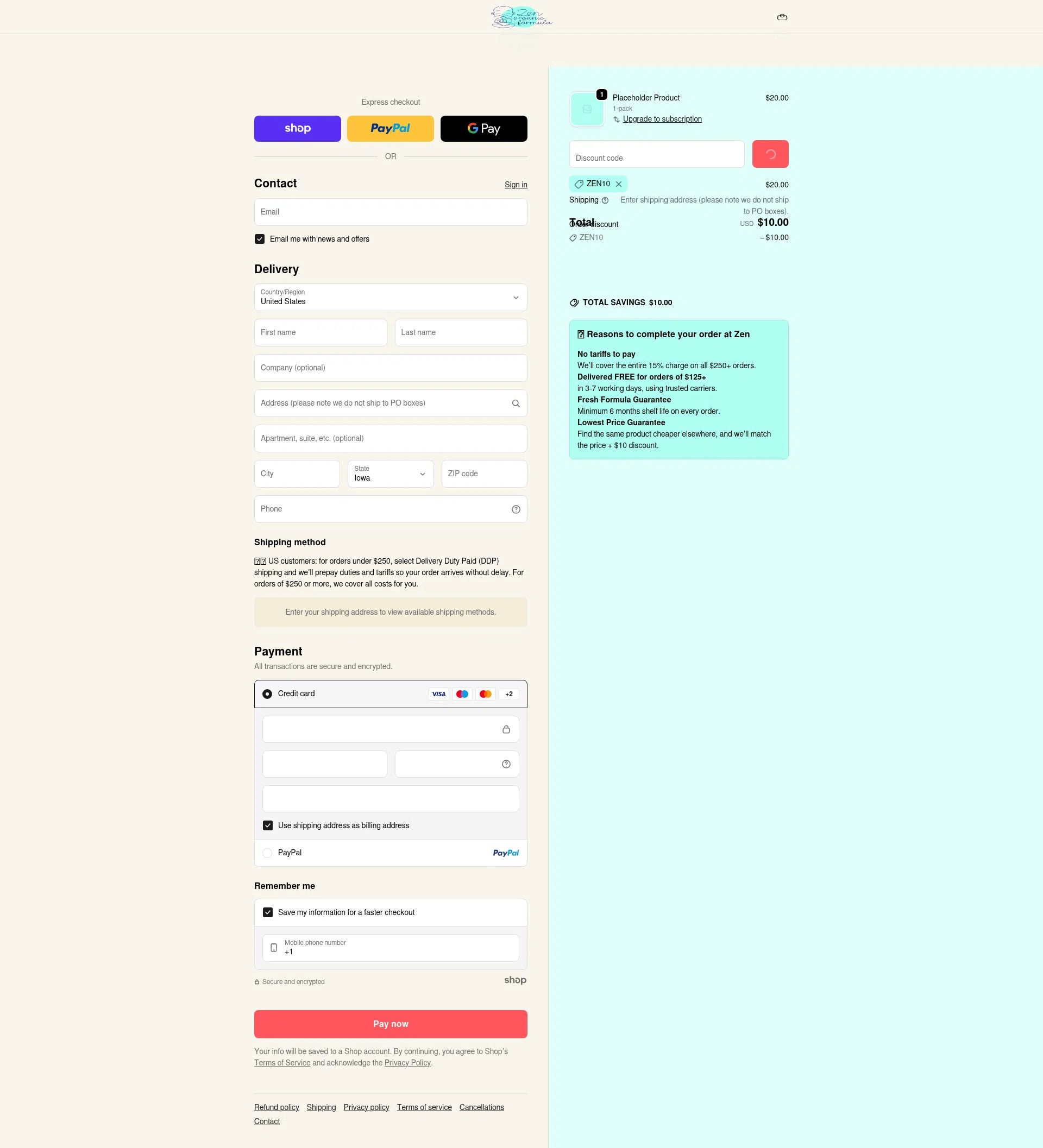 Zen Organic Formula checkout page showing Zen Organic Formula discount code box | Screenshot taken by SimplyCodes community member on Jan 23, 2026