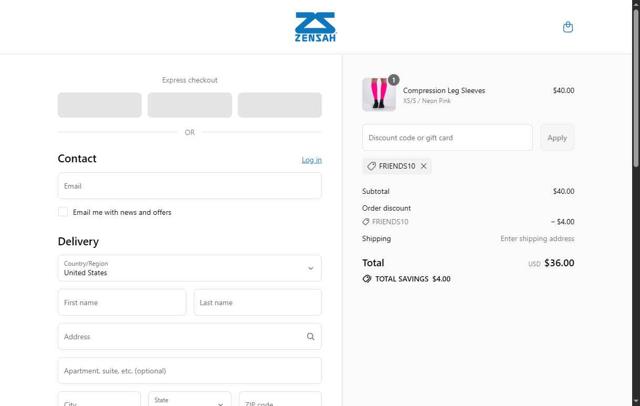 Zensah checkout page showing Zensah promo code box | Screenshot taken by SimplyCodes community member on Sep 4, 2025