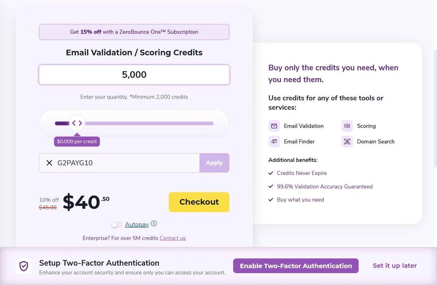 ZeroBounce checkout page showing ZeroBounce coupon code box | Screenshot taken by SimplyCodes community member on Feb 5, 2026
