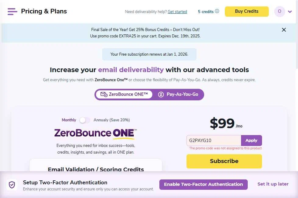 ZeroBounce checkout page showing ZeroBounce coupon code box | Screenshot taken by SimplyCodes community member on Dec 17, 2025