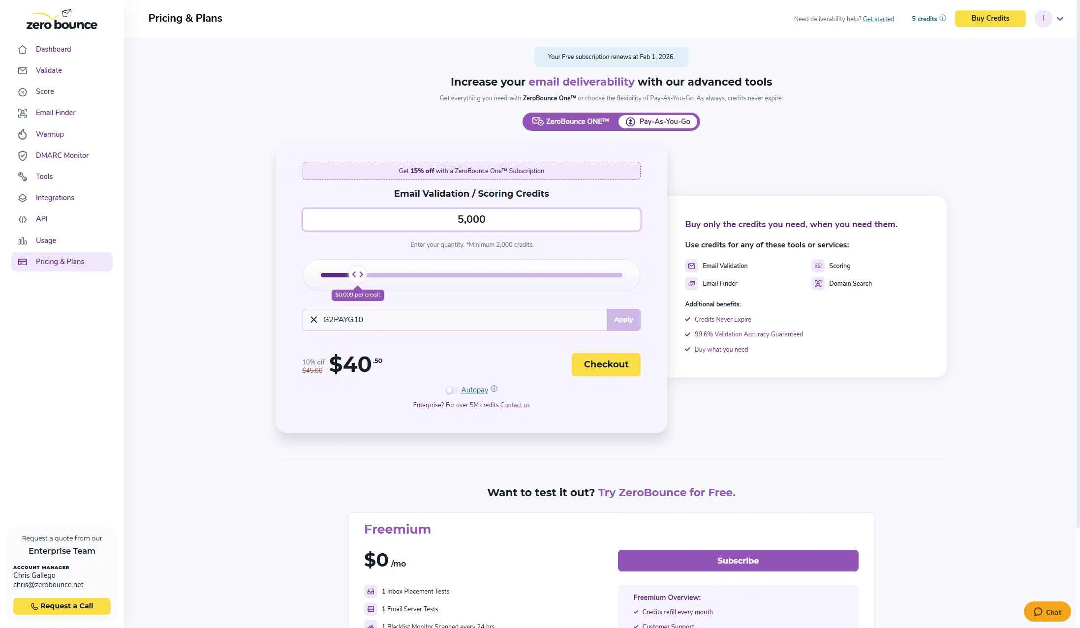 ZeroBounce checkout page showing ZeroBounce coupon code box | Screenshot taken by SimplyCodes community member on Jan 15, 2026
