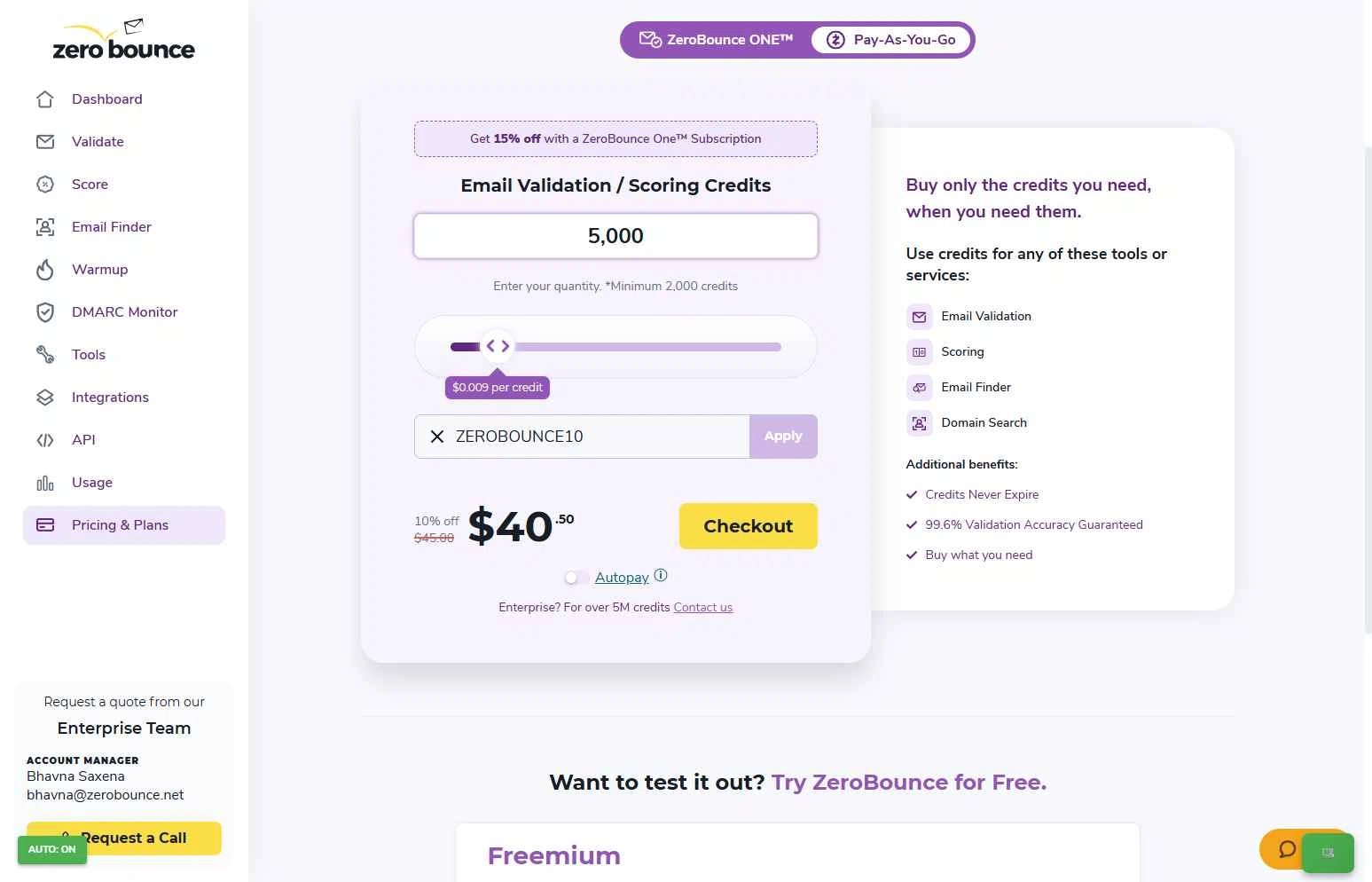 ZeroBounce checkout page showing ZeroBounce coupon code box | Screenshot taken by SimplyCodes community member on Dec 18, 2025