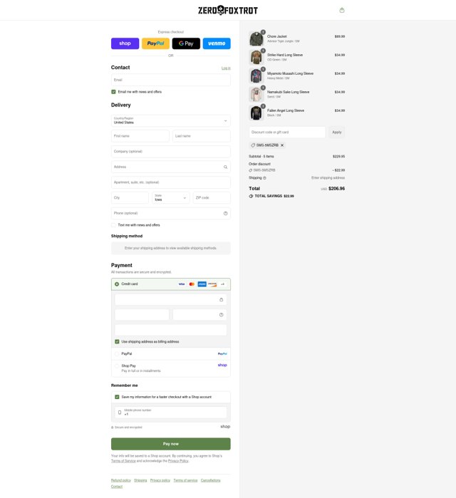 Zero Foxtrot checkout page showing Zero Foxtrot discount code box | Screenshot taken by SimplyCodes community member on Sep 5, 2025