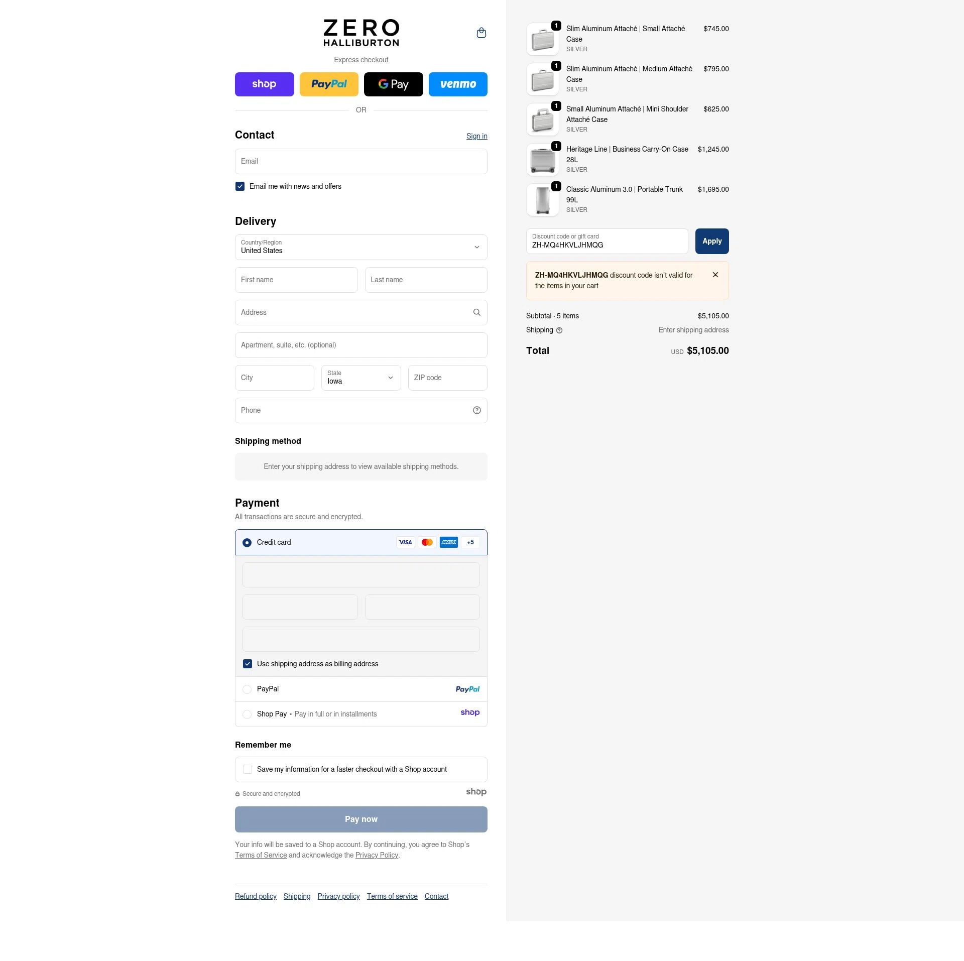 ZERO Halliburton checkout page showing ZERO Halliburton promo code box | Screenshot taken by SimplyCodes community member on Nov 12, 2025