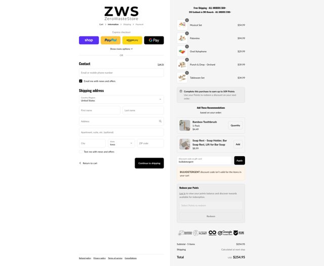 Zero Waste Store checkout page showing Zero Waste Store promo code box | Screenshot taken by SimplyCodes community member on Sep 8, 2025