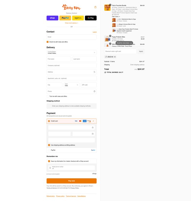 Zesty Paws checkout page showing Zesty Paws promo code box | Screenshot taken by SimplyCodes community member on Sep 8, 2025