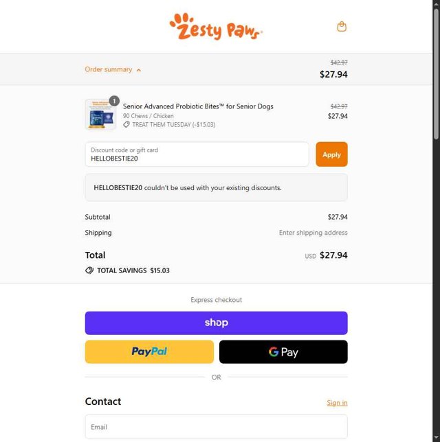 Zesty Paws checkout page showing Zesty Paws promo code box | Screenshot taken by SimplyCodes community member on Sep 9, 2025