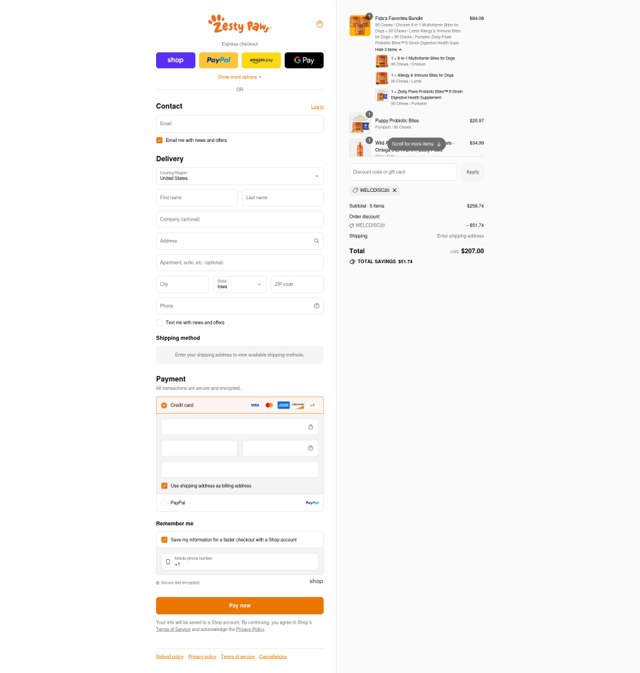 Zesty Paws checkout page showing Zesty Paws promo code box | Screenshot taken by SimplyCodes community member on Sep 8, 2025
