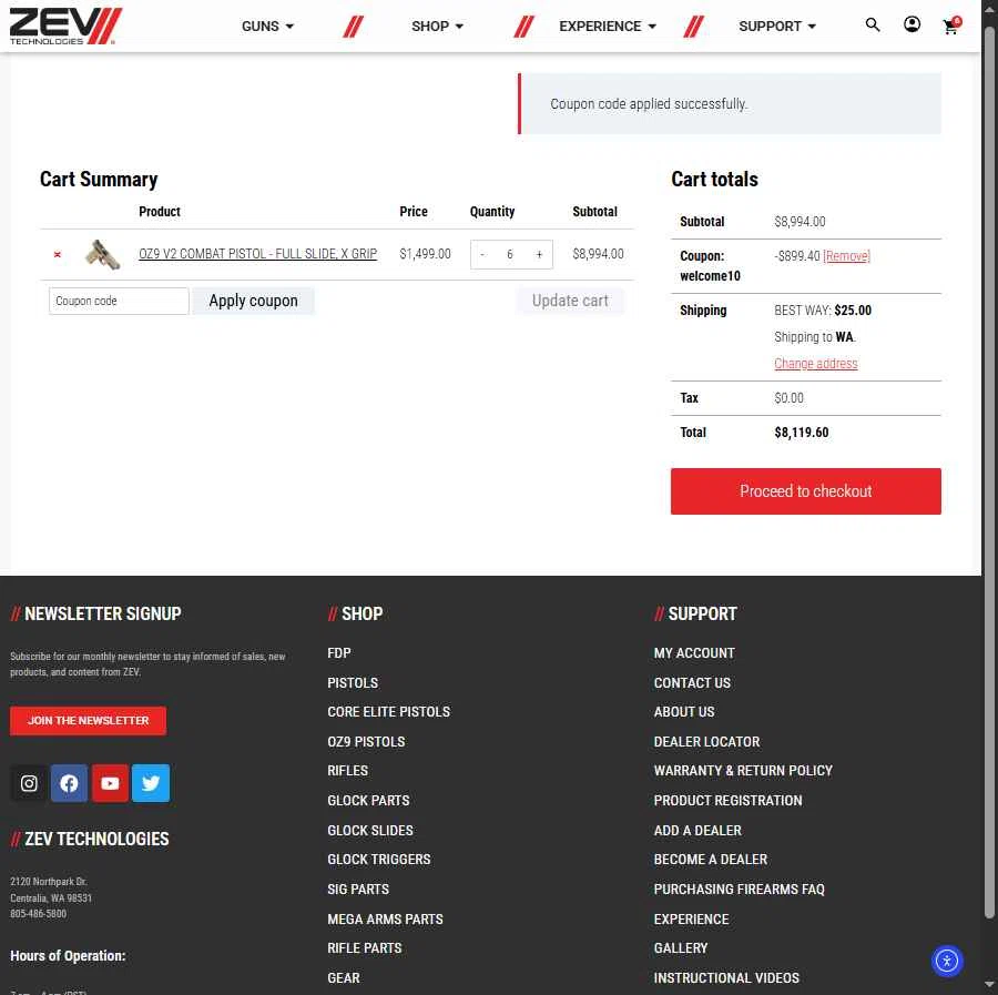 ZEV Technologies checkout page showing ZEV Technologies promo code box | Screenshot taken by SimplyCodes community member on Dec 29, 2025