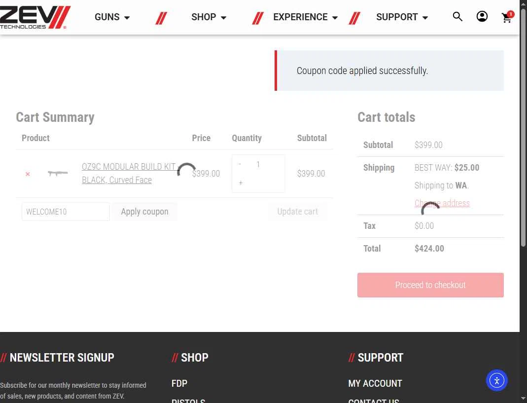 ZEV Technologies checkout page showing ZEV Technologies promo code box | Screenshot taken by SimplyCodes community member on Oct 11, 2025