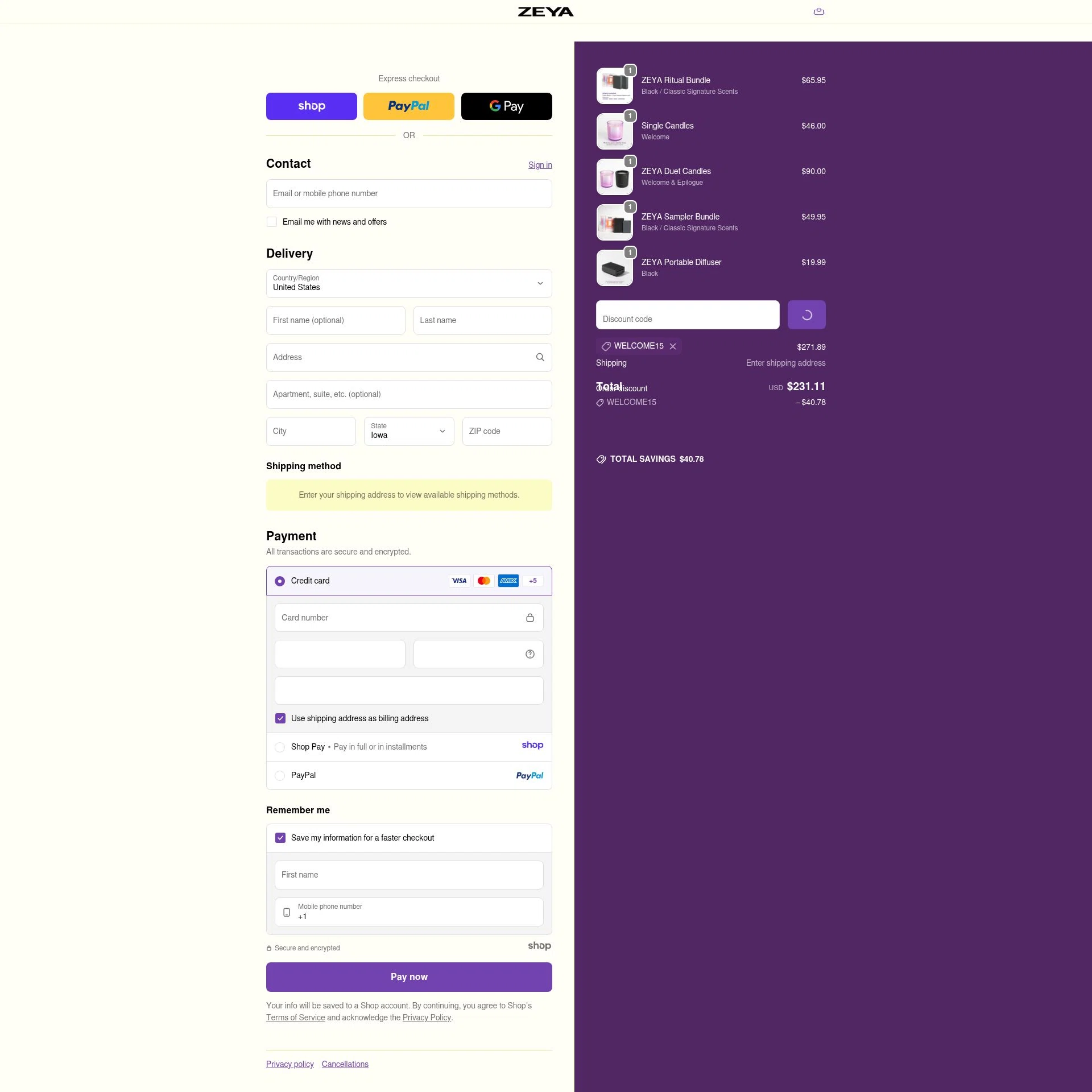 ZEYA checkout page showing ZEYA promo code box | Screenshot taken by SimplyCodes community member on Dec 31, 2025