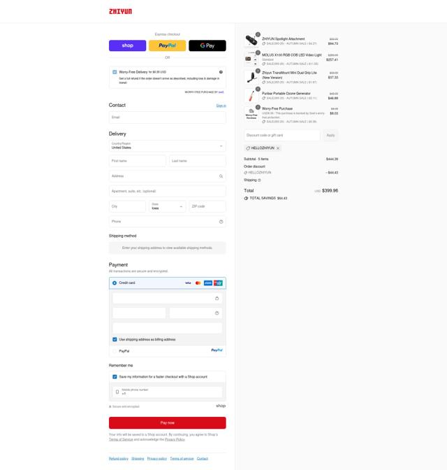 Zhiyun-Tech checkout page showing Zhiyun-Tech promo code box | Screenshot taken by SimplyCodes community member on Sep 10, 2025