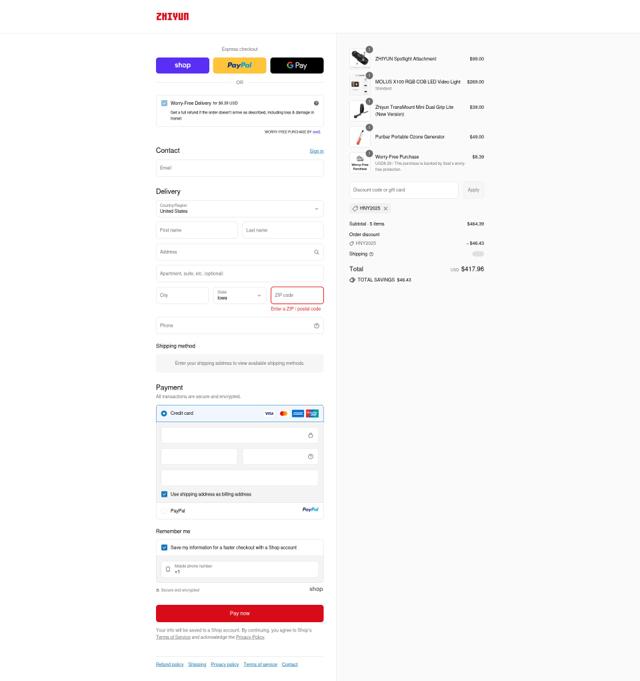 Zhiyun-Tech checkout page showing Zhiyun-Tech promo code box | Screenshot taken by SimplyCodes community member on Sep 14, 2025