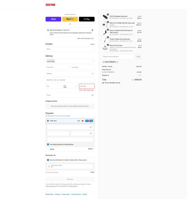 Zhiyun-Tech checkout page showing Zhiyun-Tech promo code box | Screenshot taken by SimplyCodes community member on Sep 14, 2025