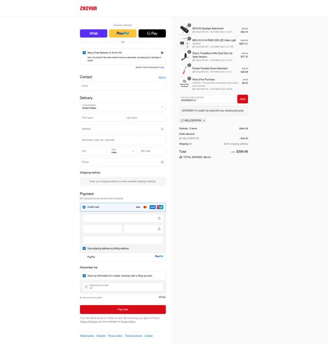 Zhiyun-Tech checkout page showing Zhiyun-Tech promo code box | Screenshot taken by SimplyCodes community member on Sep 10, 2025