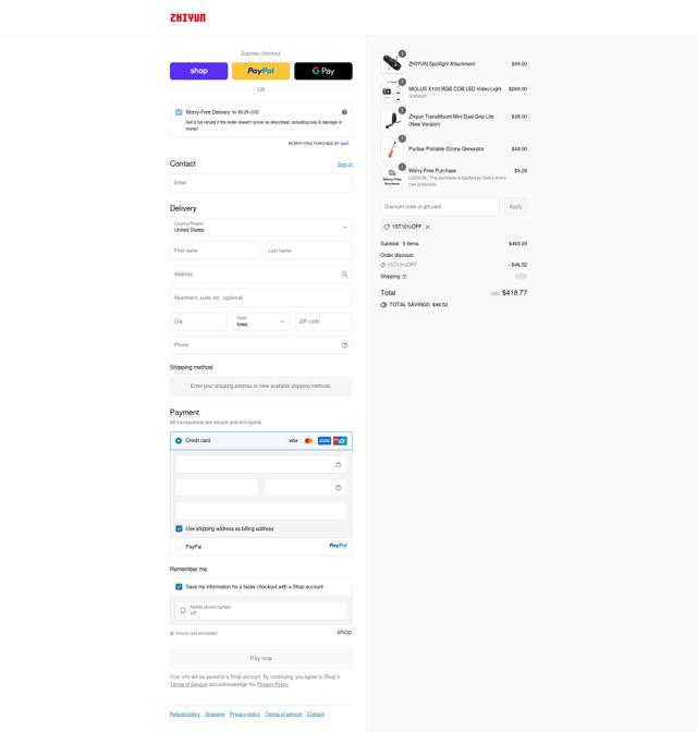 Zhiyun-Tech checkout page showing Zhiyun-Tech promo code box | Screenshot taken by SimplyCodes community member on Sep 14, 2025