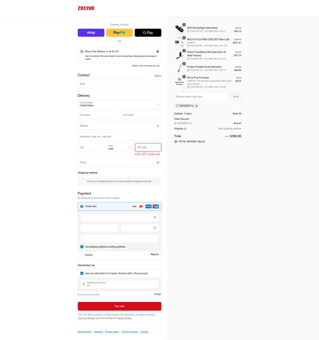 Zhiyun-Tech checkout page showing Zhiyun-Tech promo code box | Screenshot taken by SimplyCodes community member on Sep 14, 2025