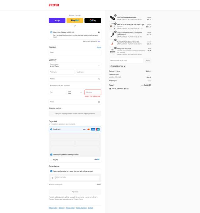 Zhiyun-Tech checkout page showing Zhiyun-Tech promo code box | Screenshot taken by SimplyCodes community member on Sep 14, 2025