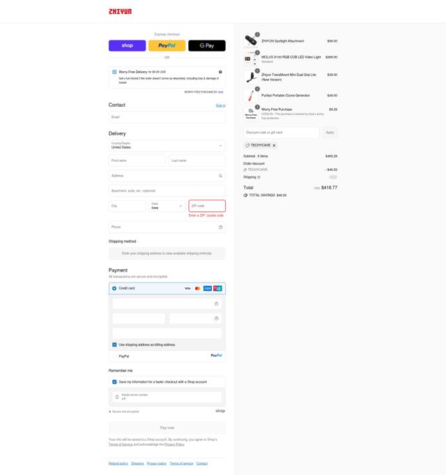 Zhiyun-Tech checkout page showing Zhiyun-Tech promo code box | Screenshot taken by SimplyCodes community member on Sep 14, 2025