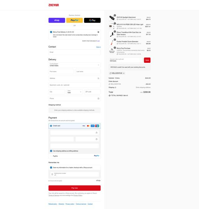 Zhiyun-Tech checkout page showing Zhiyun-Tech promo code box | Screenshot taken by SimplyCodes community member on Sep 10, 2025