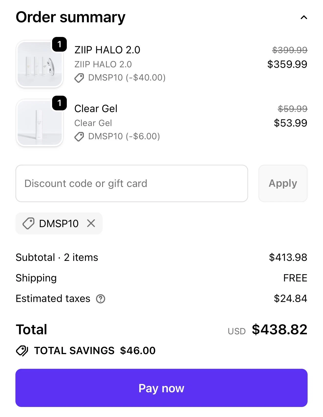 ZIIP discount code screenshot showing code DMSP10 applied at ZIIP checkout page. Uploaded by SimplyCodes community member JackR3 on Dec 24, 2025