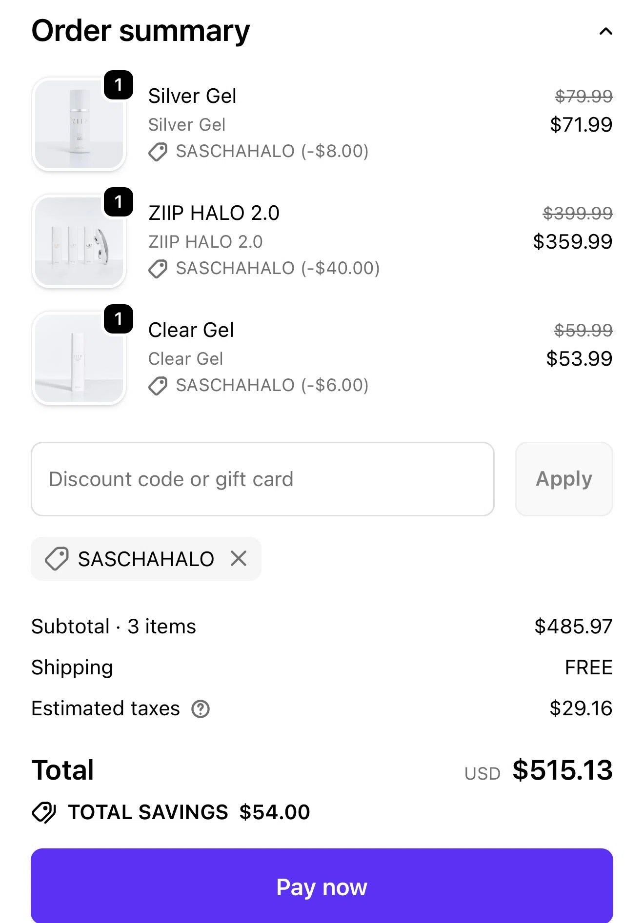 ZIIP discount code screenshot showing code SASCHAHALO applied at ZIIP checkout page. Uploaded by SimplyCodes community member PromoPhoenix4334 on Dec 24, 2025