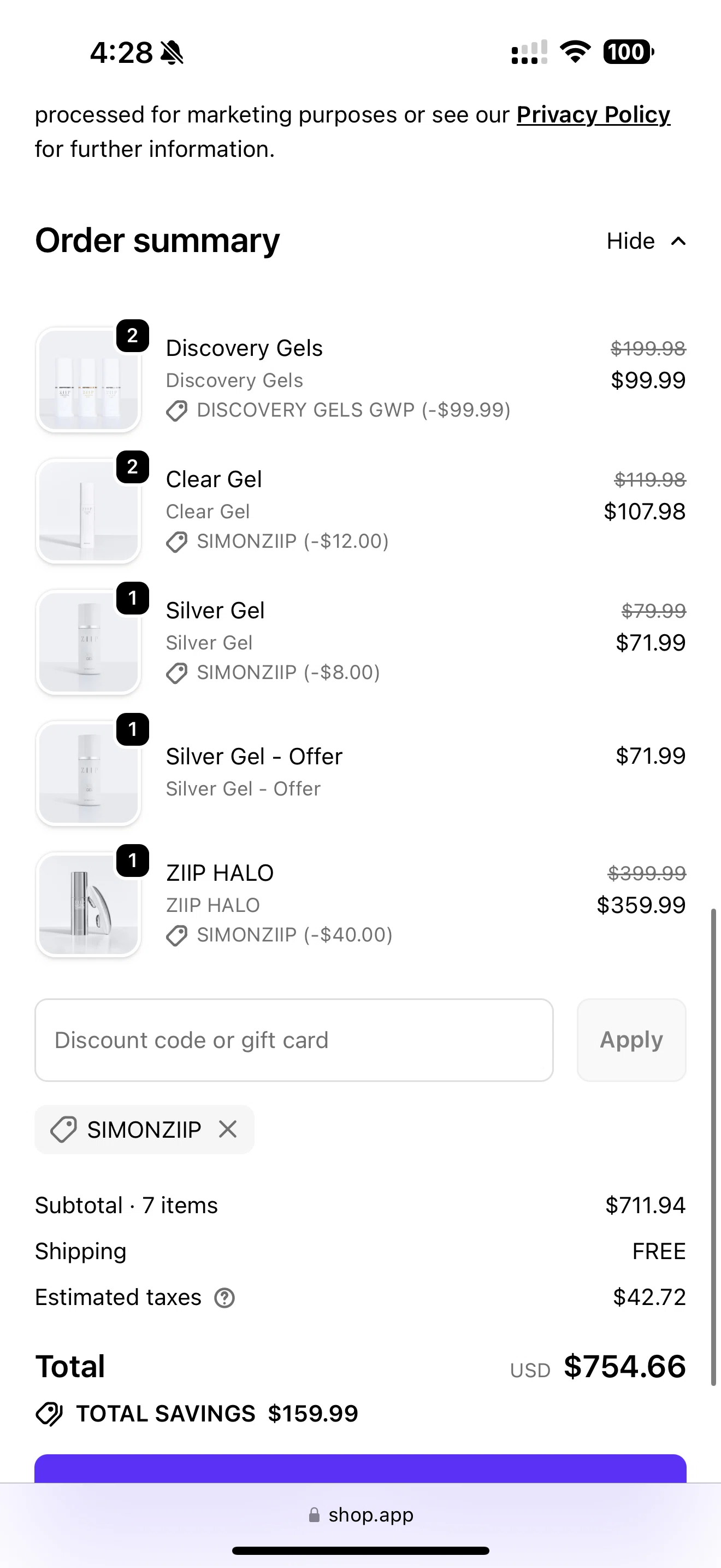 ZIIP discount code screenshot showing code SIMONZIIP applied at ZIIP checkout page. Uploaded by SimplyCodes community member JackR3 on Dec 30, 2025