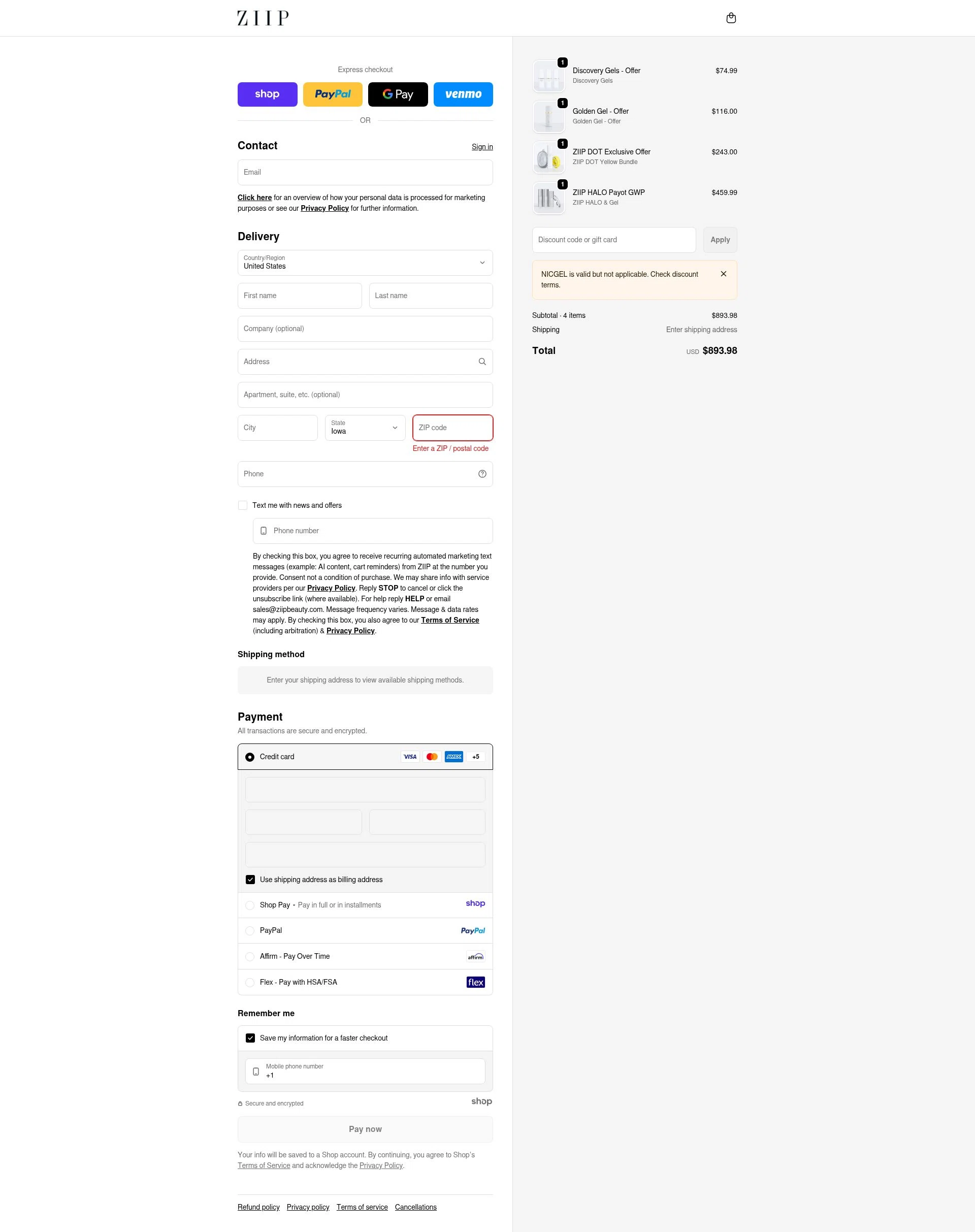 ZIIP checkout page showing ZIIP discount code box | Screenshot taken by SimplyCodes community member on Dec 28, 2025