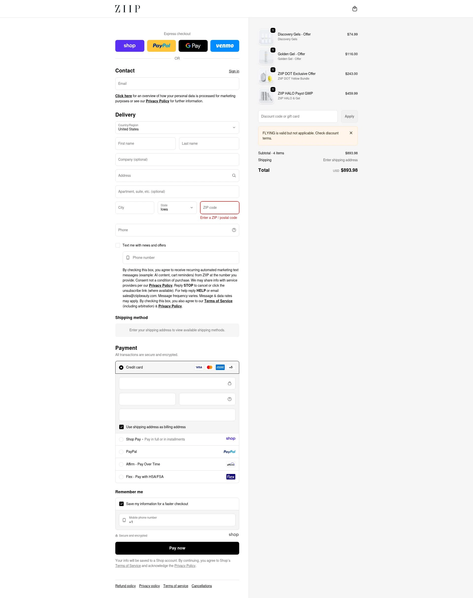 ZIIP checkout page showing ZIIP discount code box | Screenshot taken by SimplyCodes community member on Dec 28, 2025