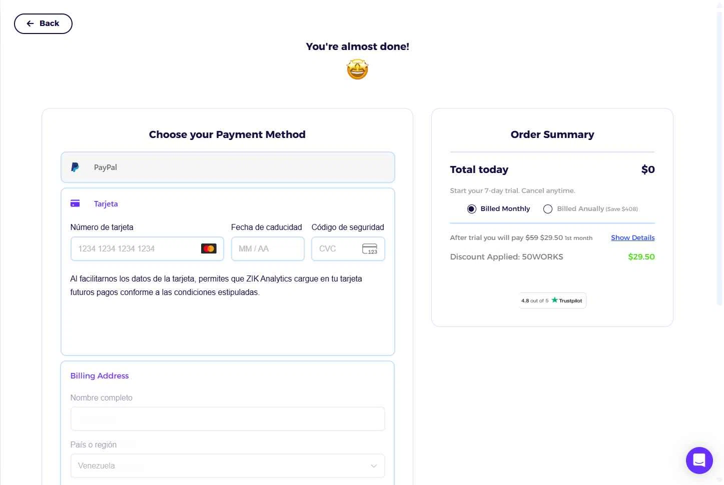 ZIK Analytics checkout page showing ZIK Analytics coupon code box | Screenshot taken by SimplyCodes community member on Oct 26, 2025