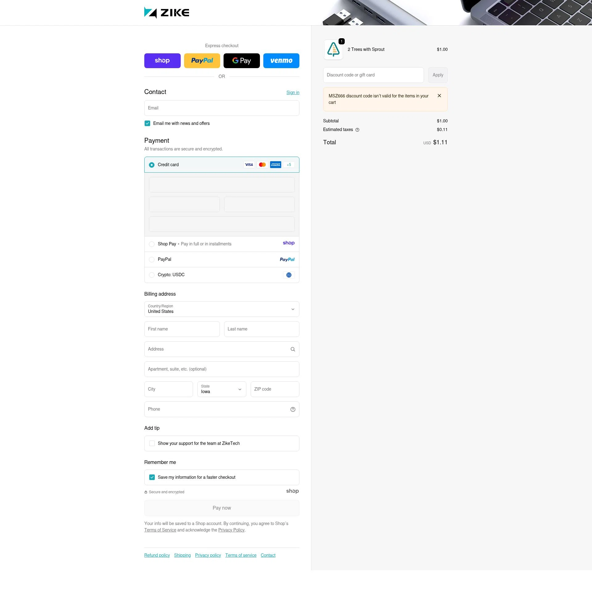 ZikeTech checkout page showing ZikeTech discount code box | Screenshot taken by SimplyCodes community member on Jan 4, 2026