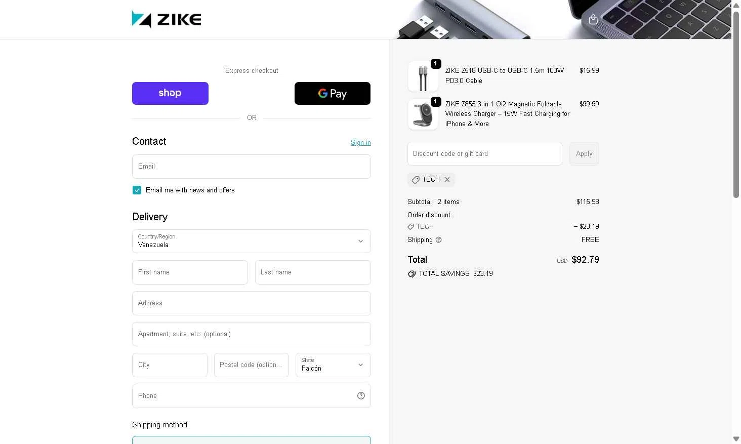 ZikeTech checkout page showing ZikeTech discount code box | Screenshot taken by SimplyCodes community member on Jan 5, 2026