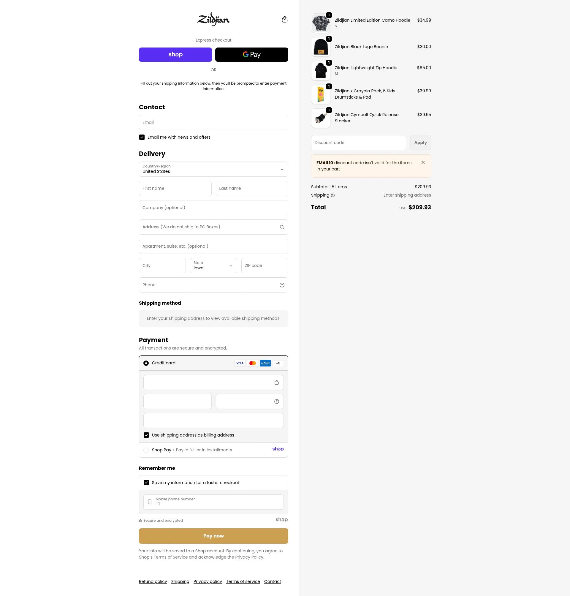 Zildjian checkout page showing Zildjian discount code box | Screenshot taken by SimplyCodes community member on Jan 2, 2026