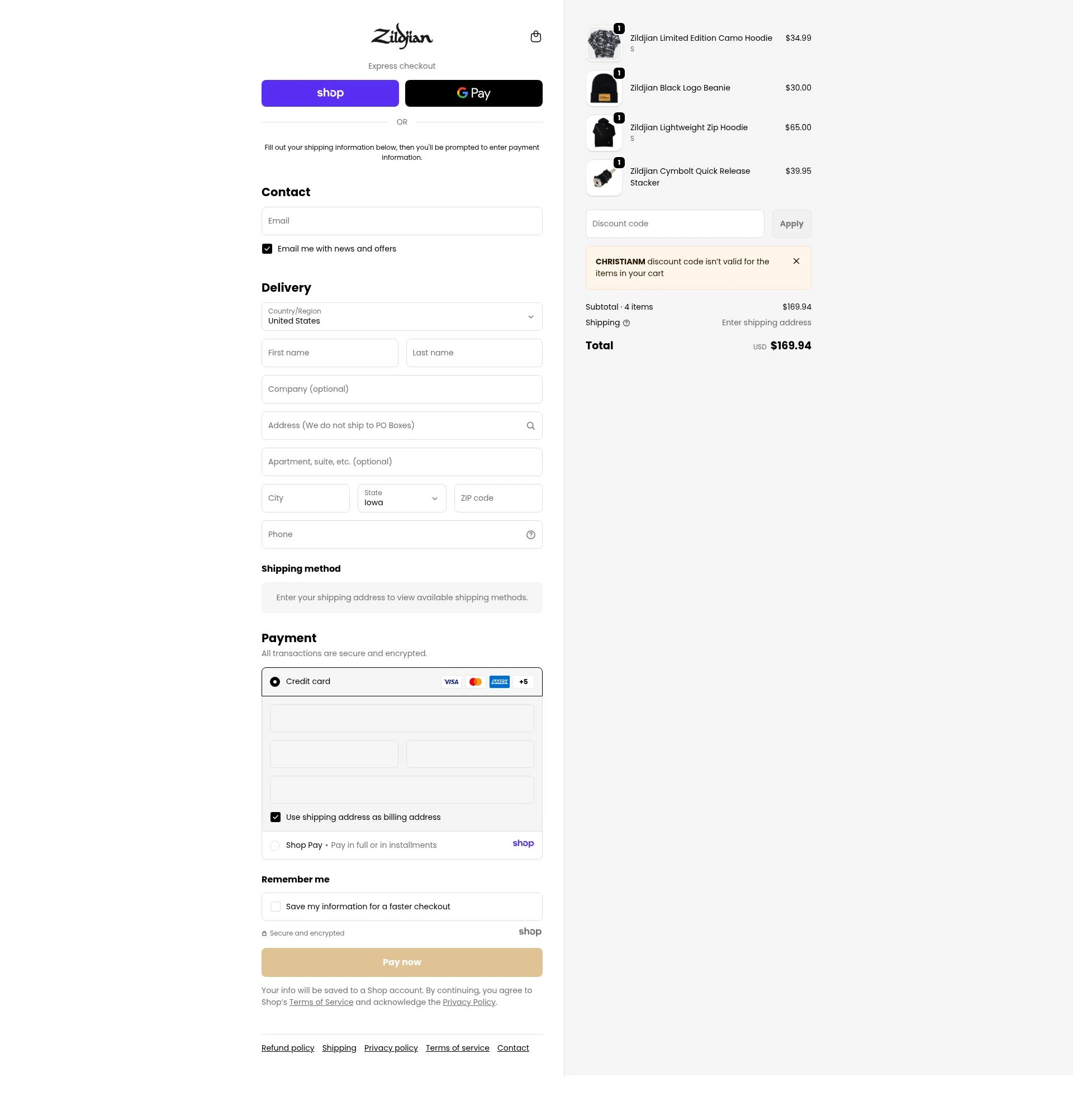 Zildjian checkout page showing Zildjian discount code box | Screenshot taken by SimplyCodes community member on Dec 16, 2025