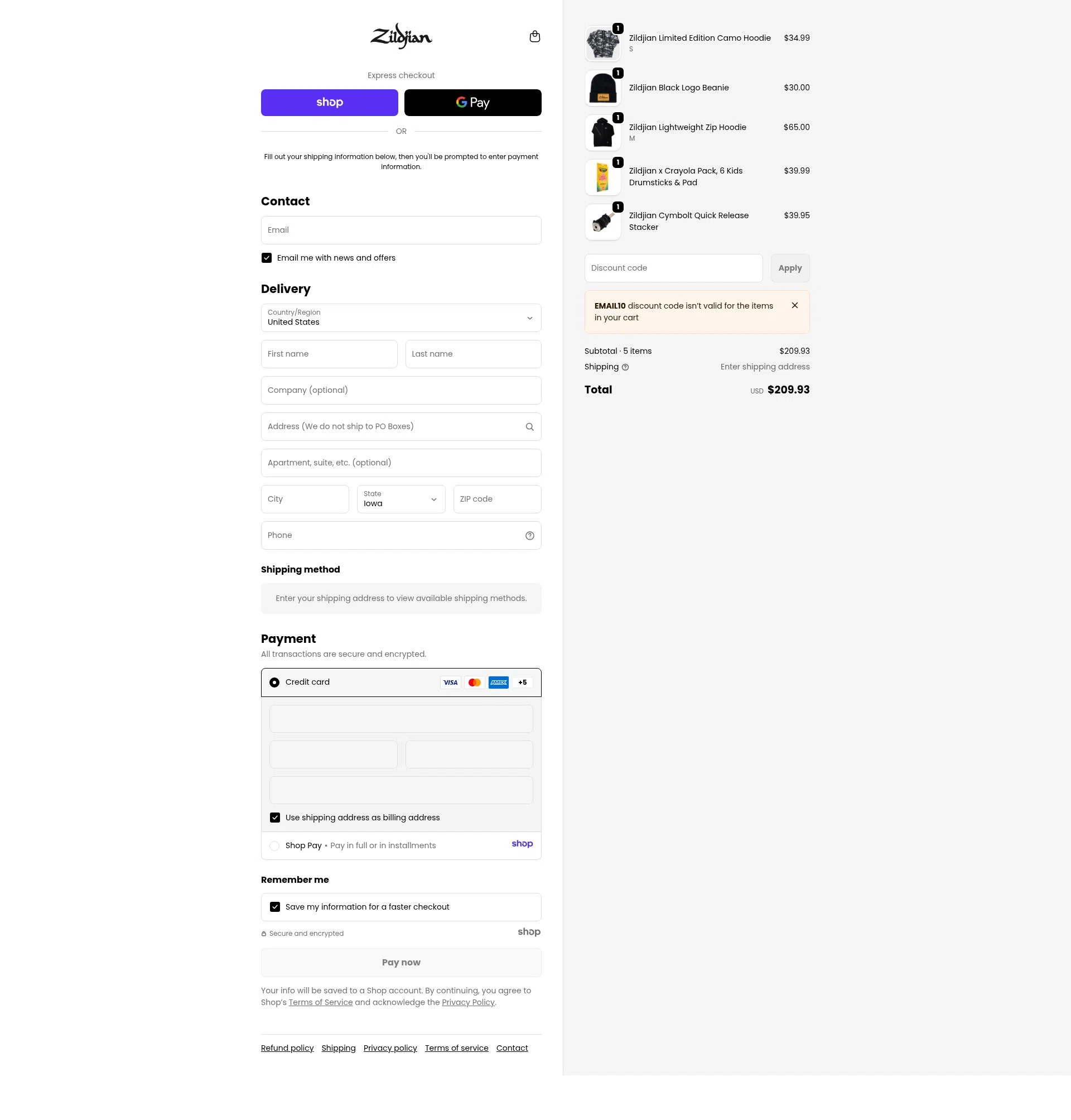 Zildjian checkout page showing Zildjian discount code box | Screenshot taken by SimplyCodes community member on Jan 7, 2026