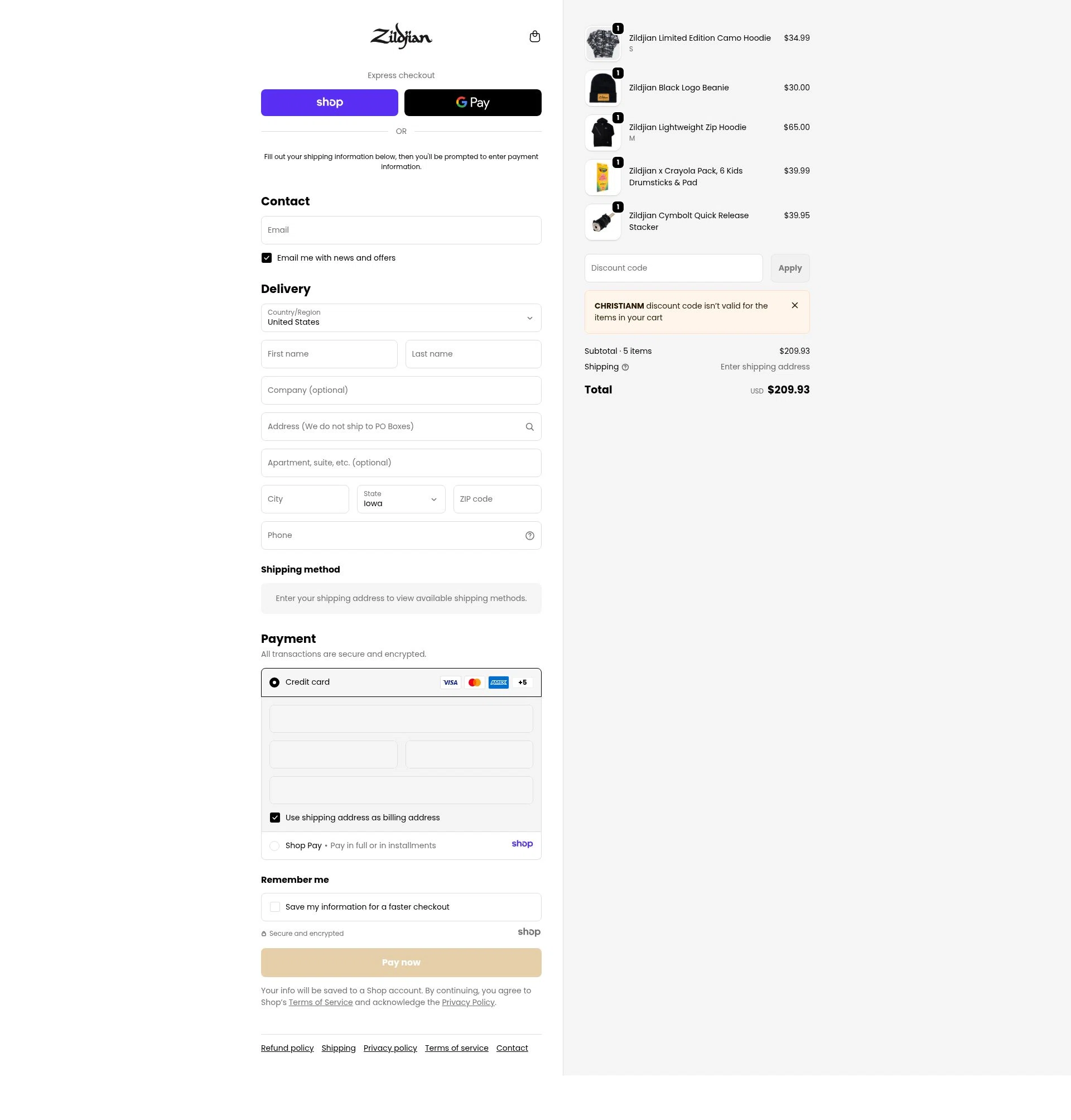 Zildjian checkout page showing Zildjian discount code box | Screenshot taken by SimplyCodes community member on Jan 7, 2026