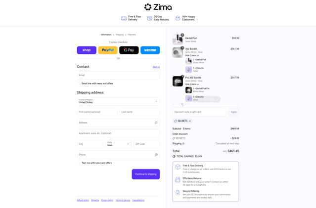 ZIMA DENTAL checkout page showing ZIMA DENTAL discount code box | Screenshot taken by SimplyCodes community member on Sep 12, 2025